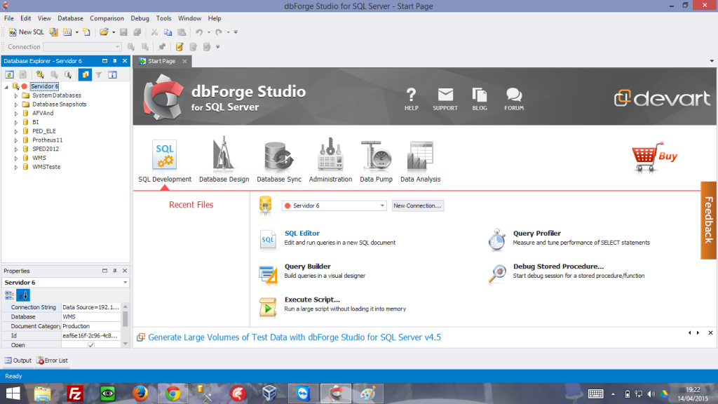 Tela Inicial do dbForge Studio